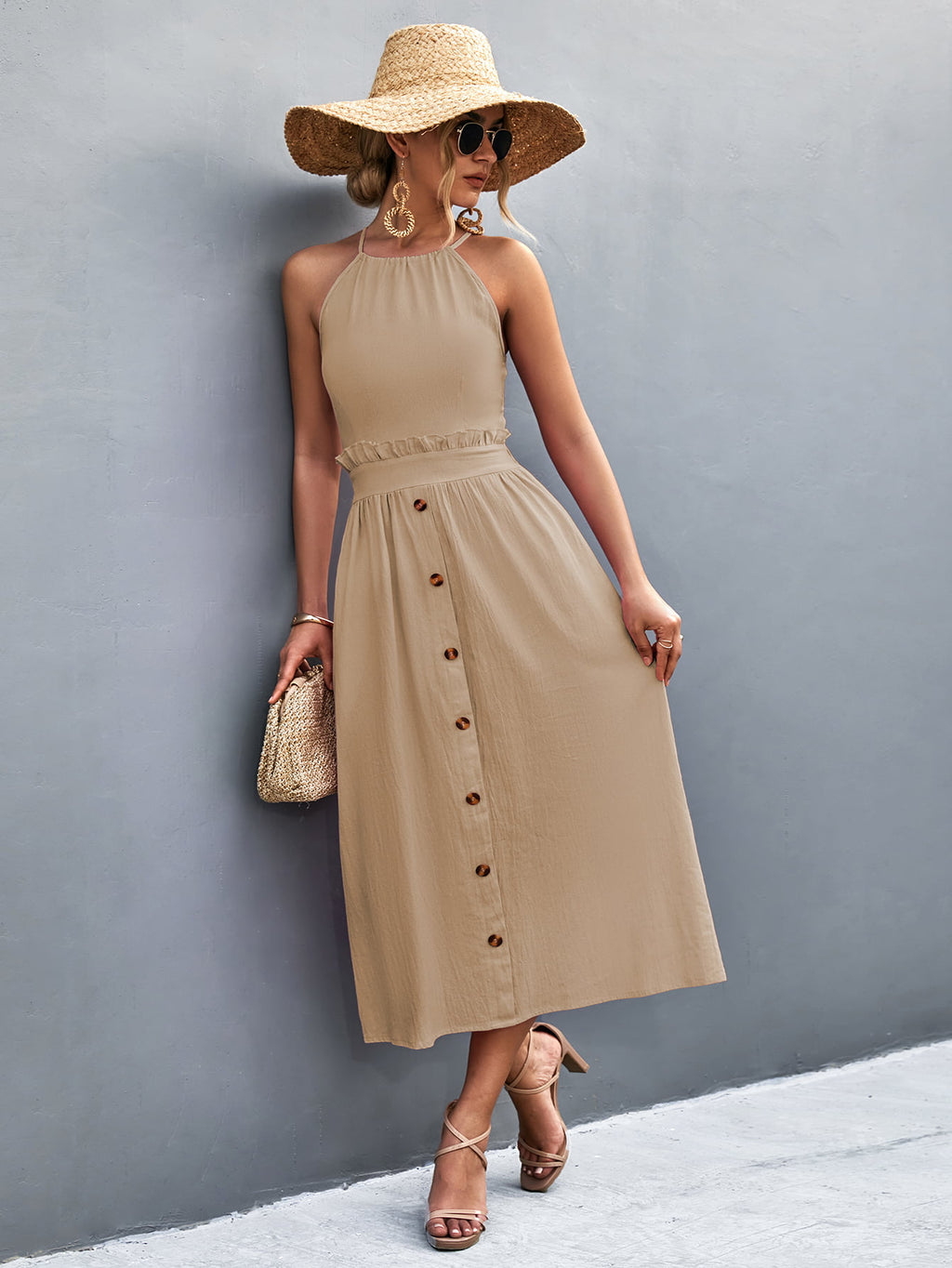 Buttoned Halter Neck Frill Trim Midi Dress - Blushé Belle