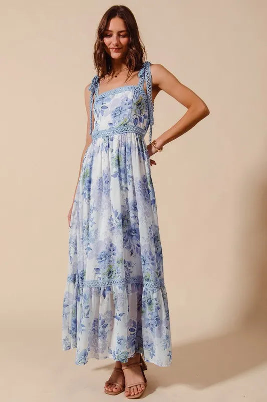 SO ME Floral Print Flowy Maxi Dress with Lace Ribbon Tie - Blushé Belle