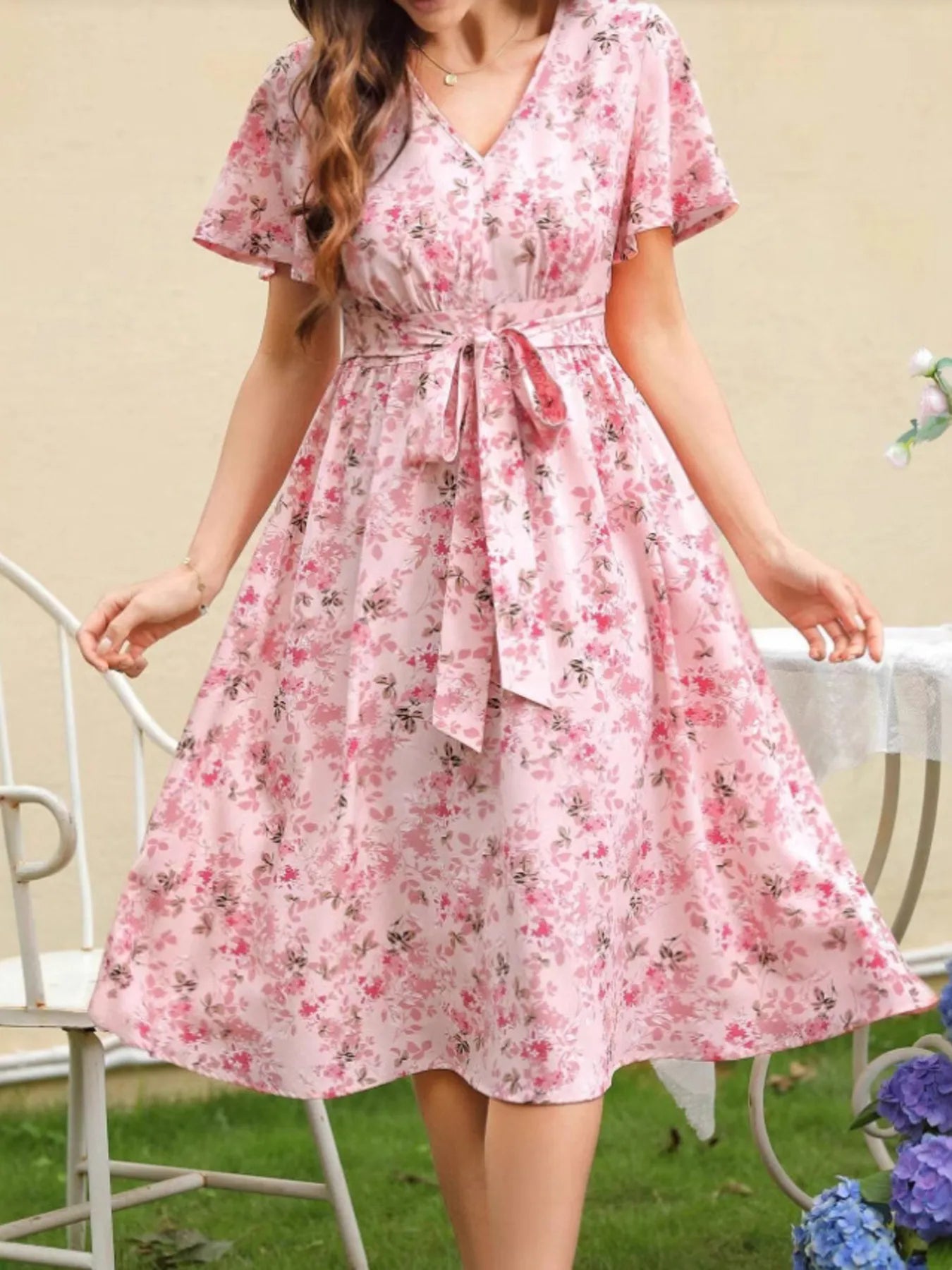 Floral Print V-Neck Belted Midi Dress - Blushé Belle