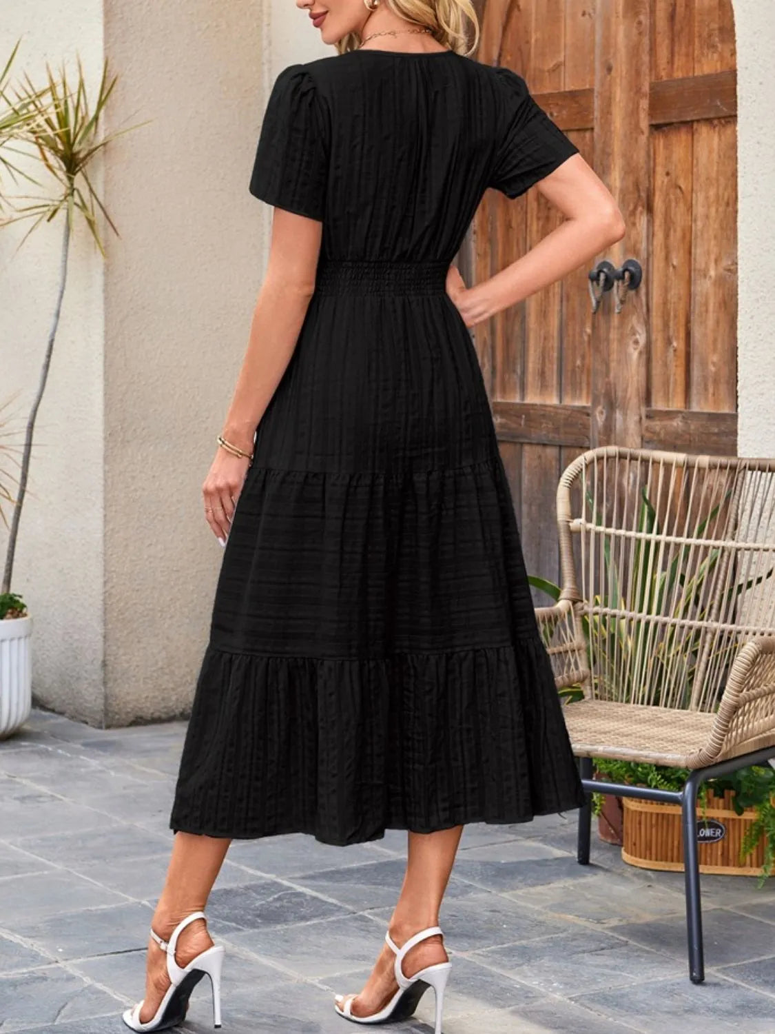 Tiered Notched Short Sleeve Dress - Blushé Belle