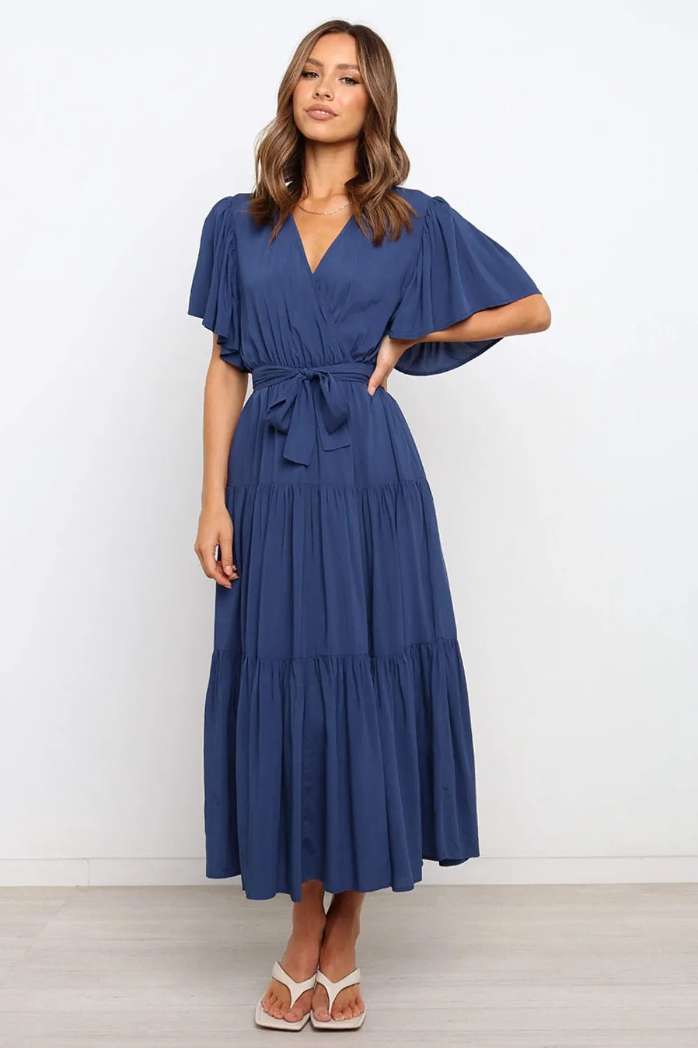 Front Tie Short Sleeve Tiered Midi Dress - Blushé Belle