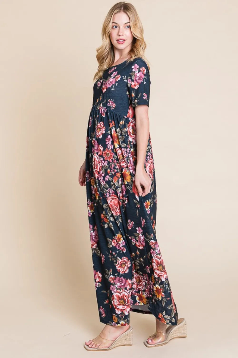 BOMBOM Floral Short Sleeve Maxi Dress - Blushé Belle