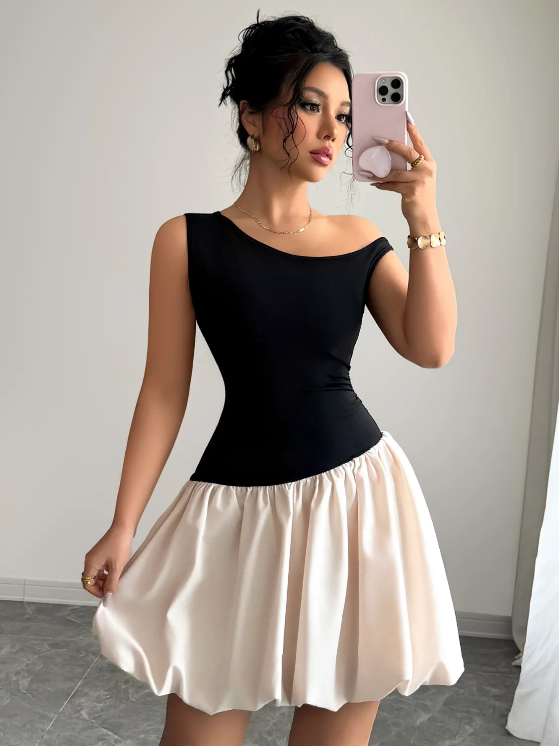 Contrast Single Shoulder Mini Tank Dress - Blushé Belle