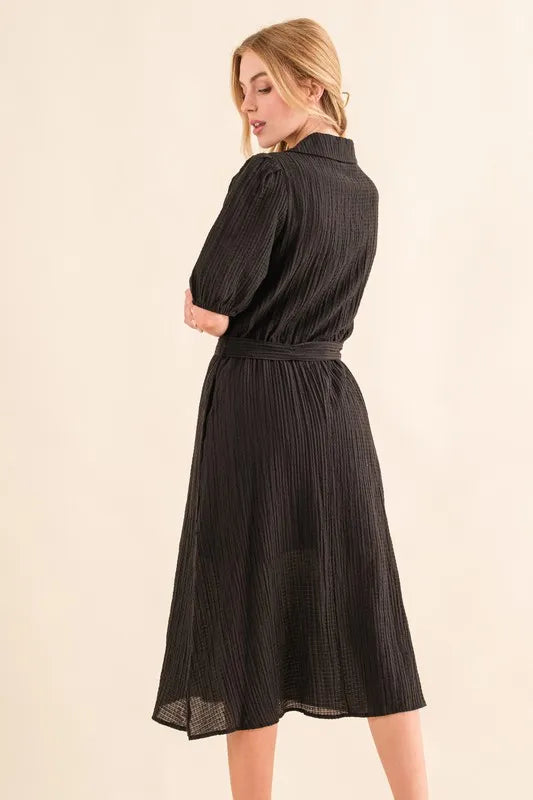 And The Why Waffle Textured Ribbon Waist Midi Dress - Blushé Belle