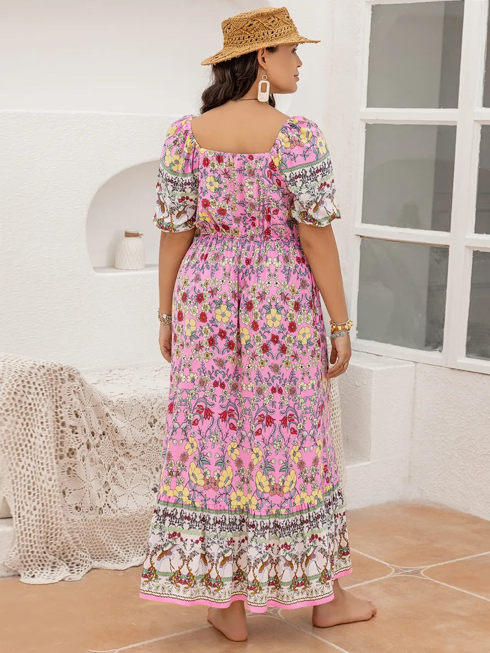Plus Size Printed Square Neck Ruffle Hem Dress - Blushé Belle