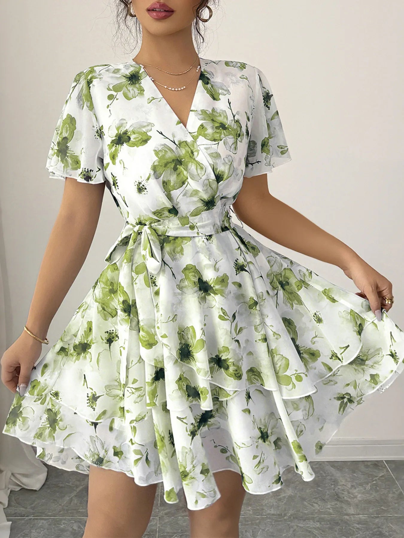 Printed Surplice Layered Mini Dress - Blushé Belle