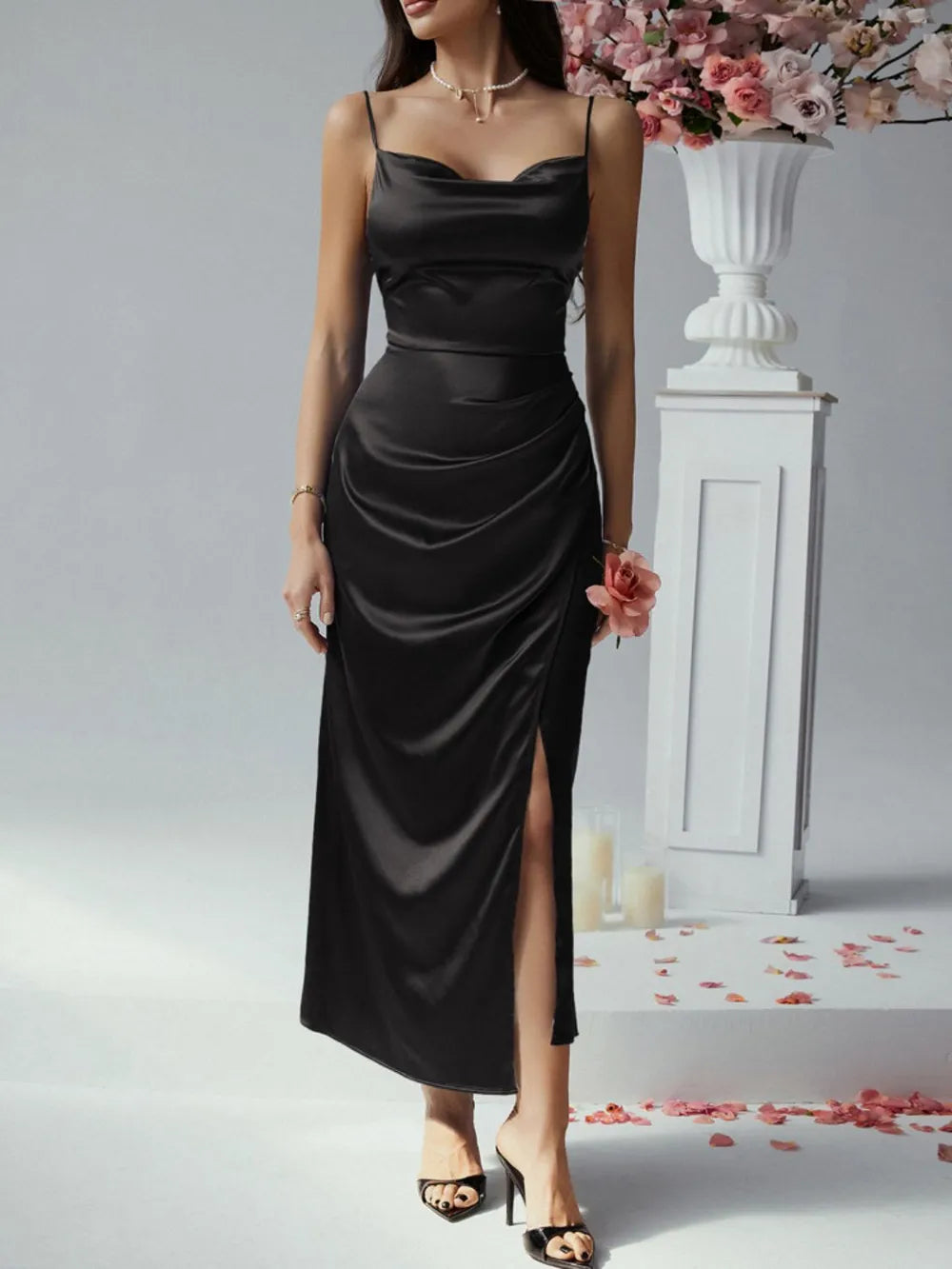 Devine Slit Ruched Maxi Cami Dress - Blushé Belle