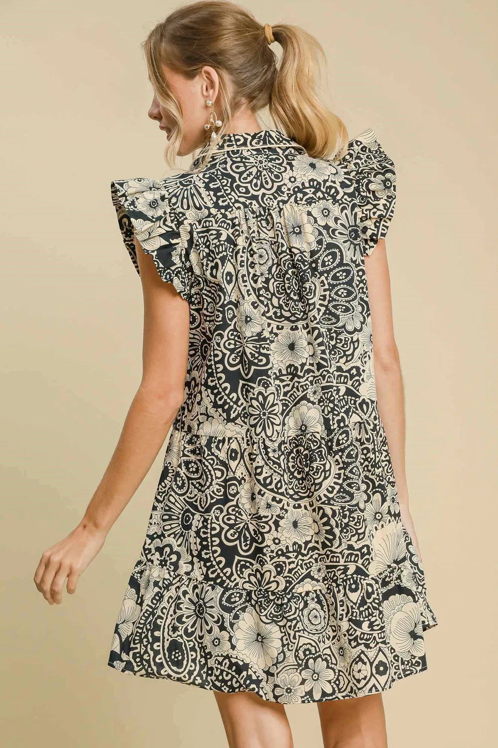 Umgee Full Size Printed Ruffle Cap Sleeve Babydoll Dress Plus Size - Blushé Belle
