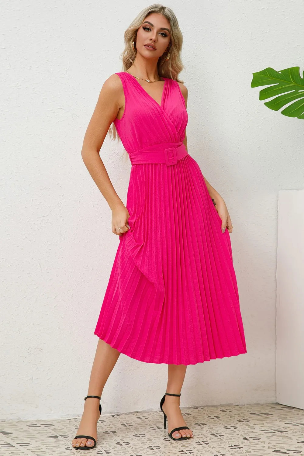 Surplice Sleeveless Midi Pleated Dress - Blushé Belle