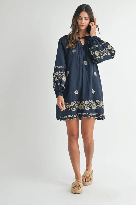 MABLE Embroidered Long Sleeve Peasant Mini Dress - Blushé Belle