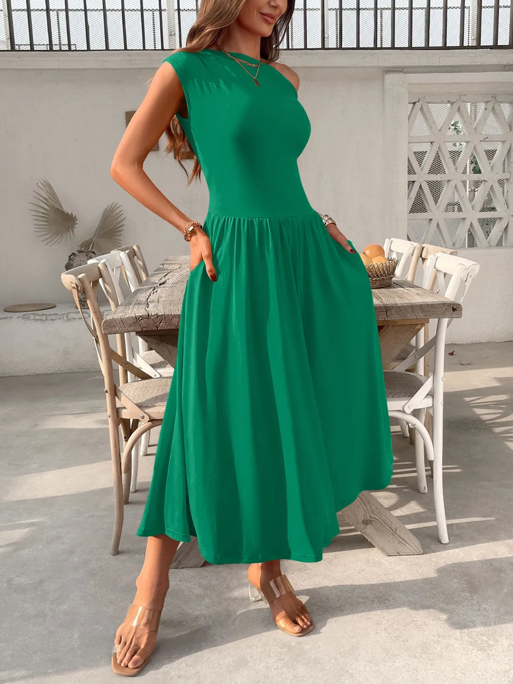 Single Shoulder Midi Dress with Pockets - Blushé Belle