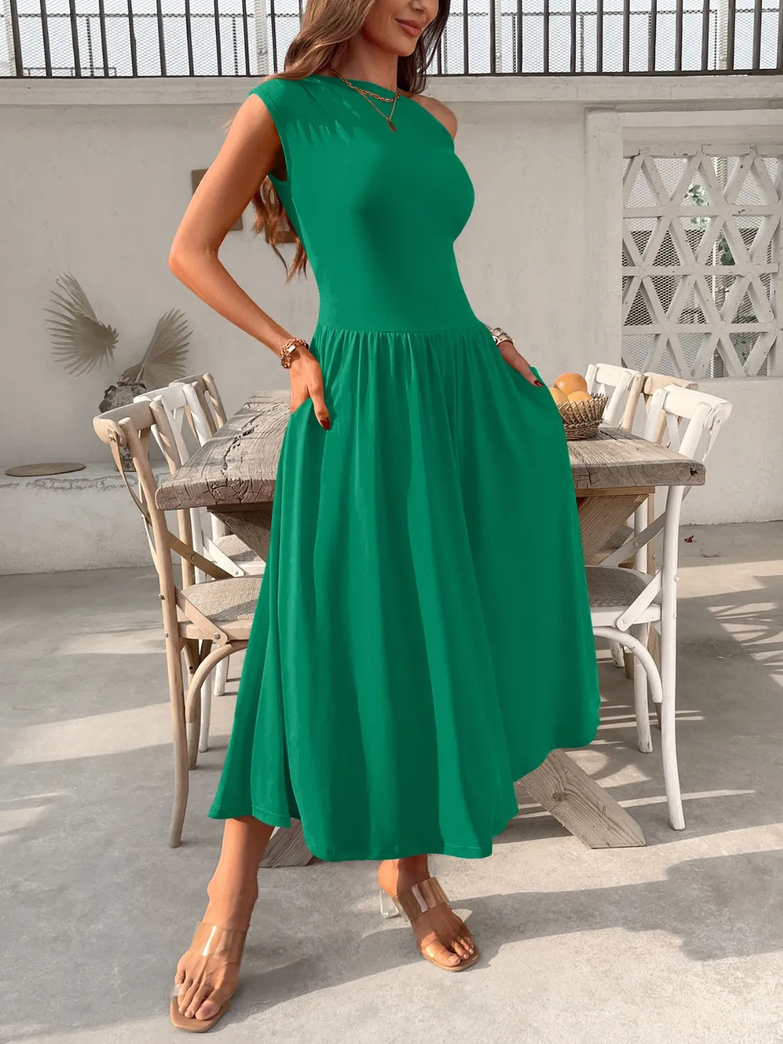 Single Shoulder Midi Dress with Pockets - Blushé Belle