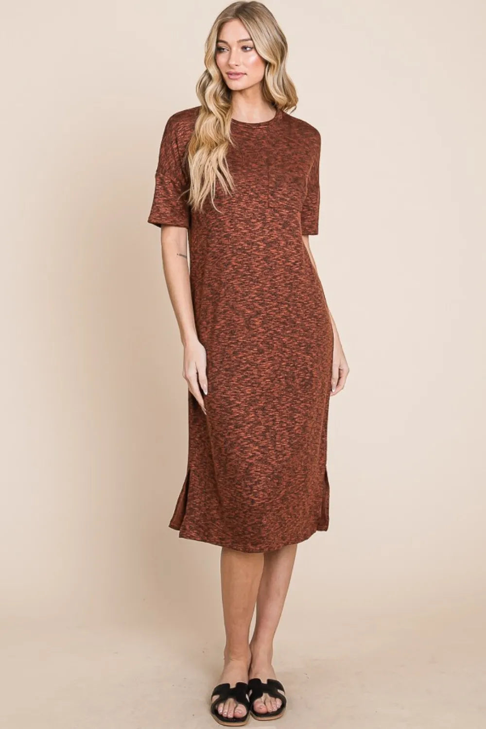 BOMBOM Round Neck Side Slit Midi Dress - Blushé Belle