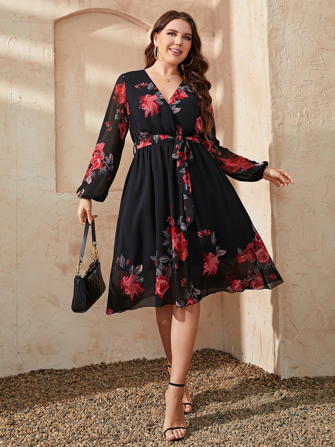Honey Plus Size Floral Surplice Neck Tie Waist Dress - Blushé Belle