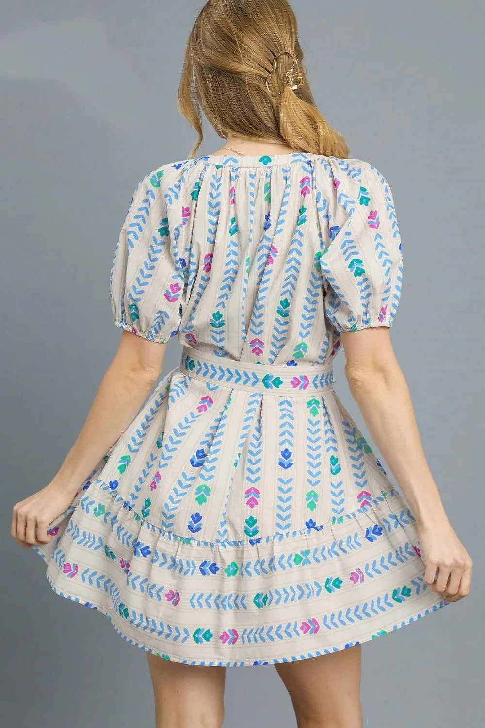 Umgee Printed Tie Waist Puff Short Sleeve Mini Dress - Blushé Belle