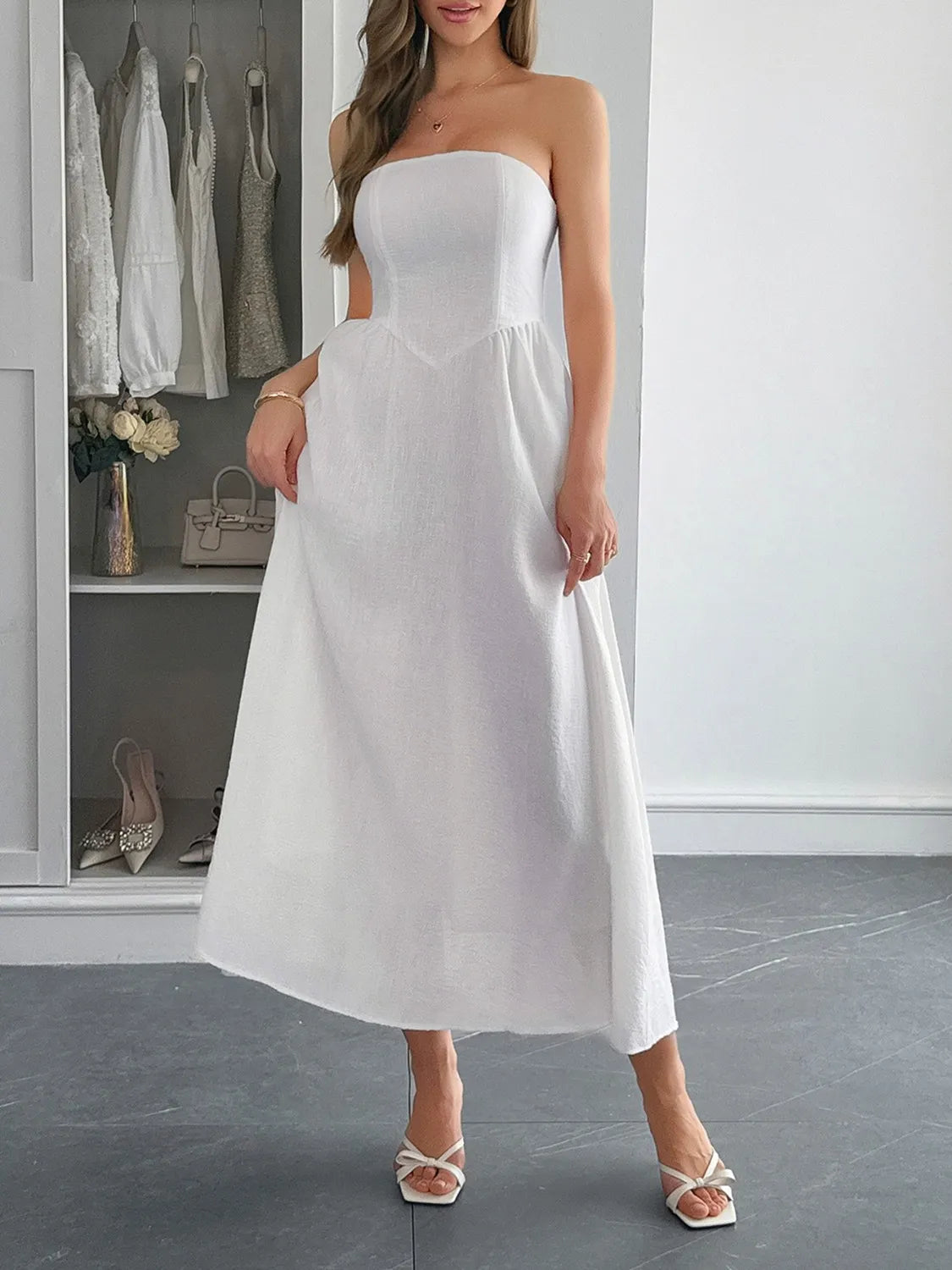 Strapless A-Line Midi Dress with Pockets - Blushé Belle