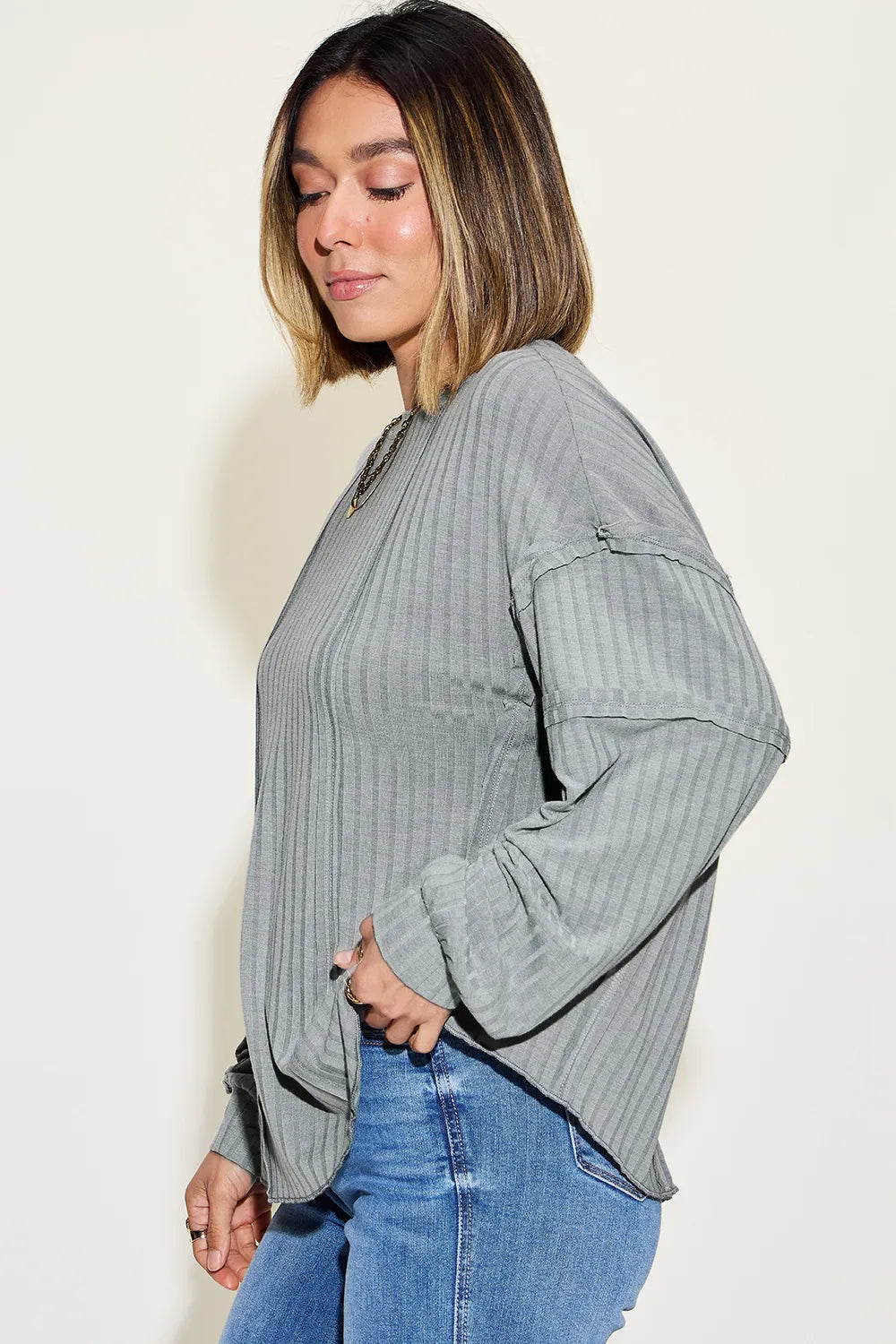 Basic Bae Full Size Ribbed Round Neck Long Sleeve T-Shirt - Blushé Belle