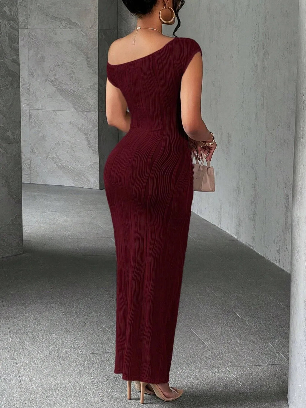 Textured Single Shoulder Bodycon Maxi Dress - Blushé Belle