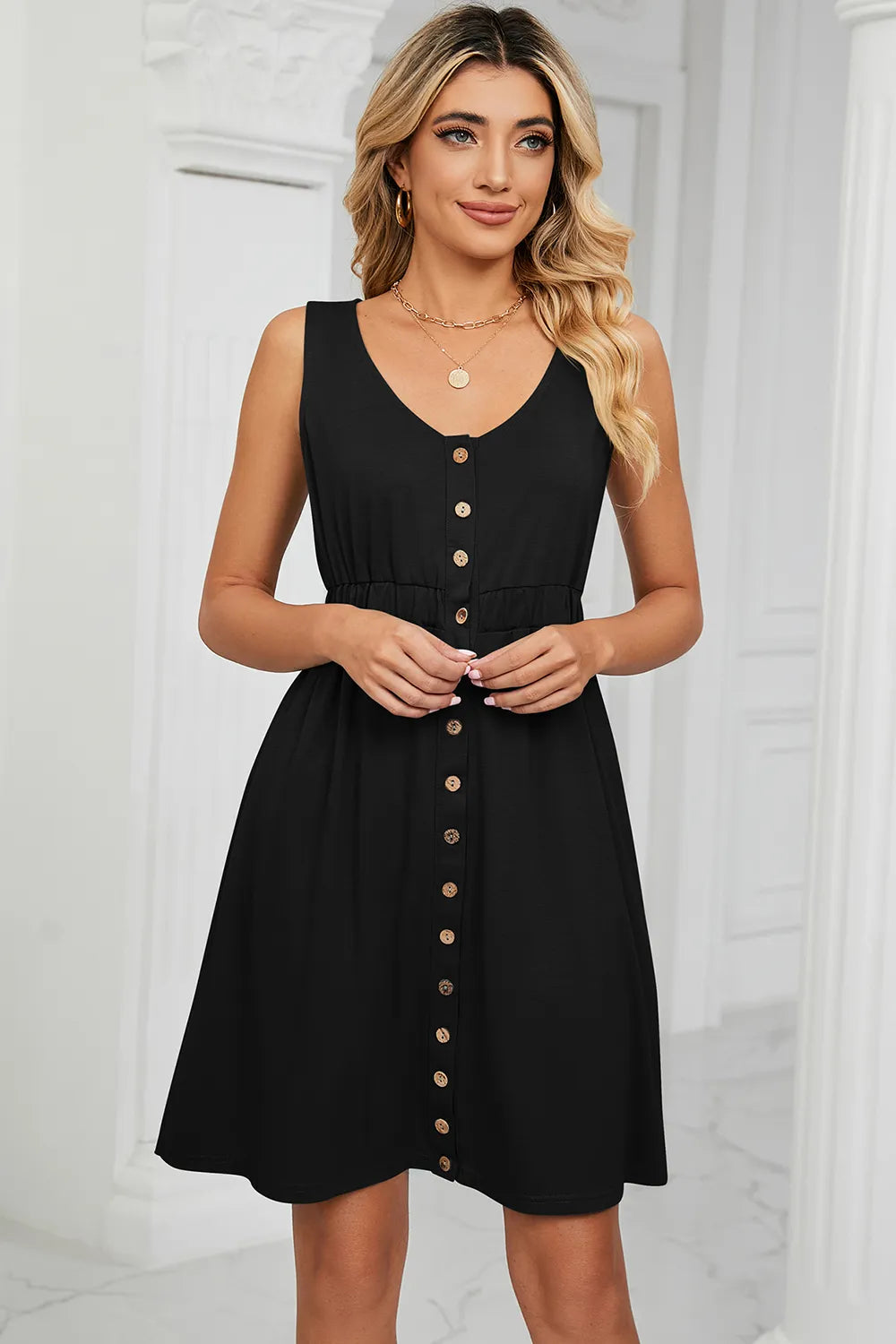 Buttoned Wide Strap Mini Dress - Blushé Belle