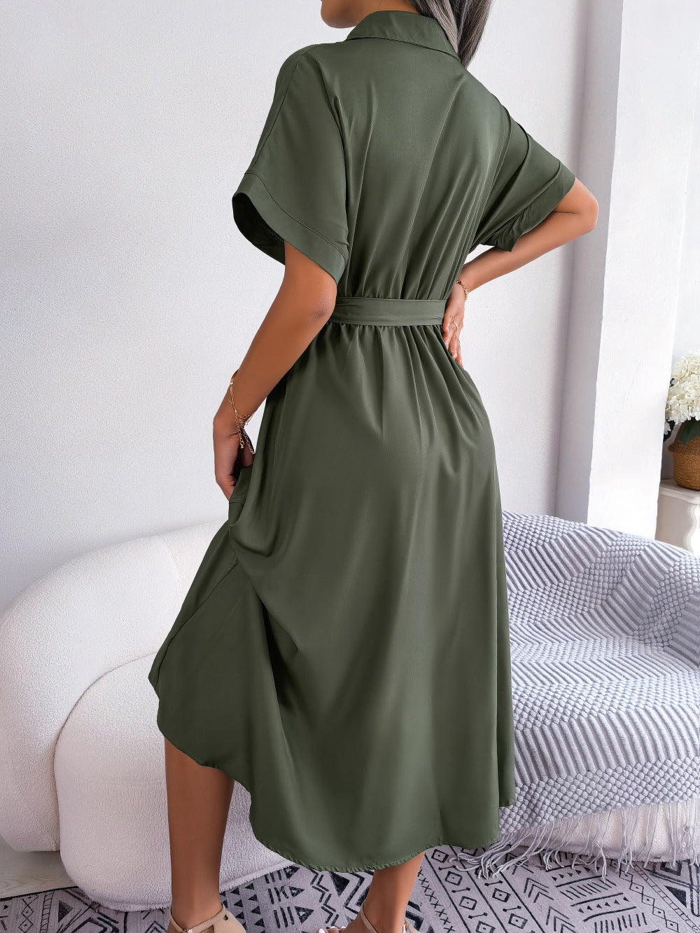 Short Sleeve Collared Tie Belt Dress - Blushé Belle
