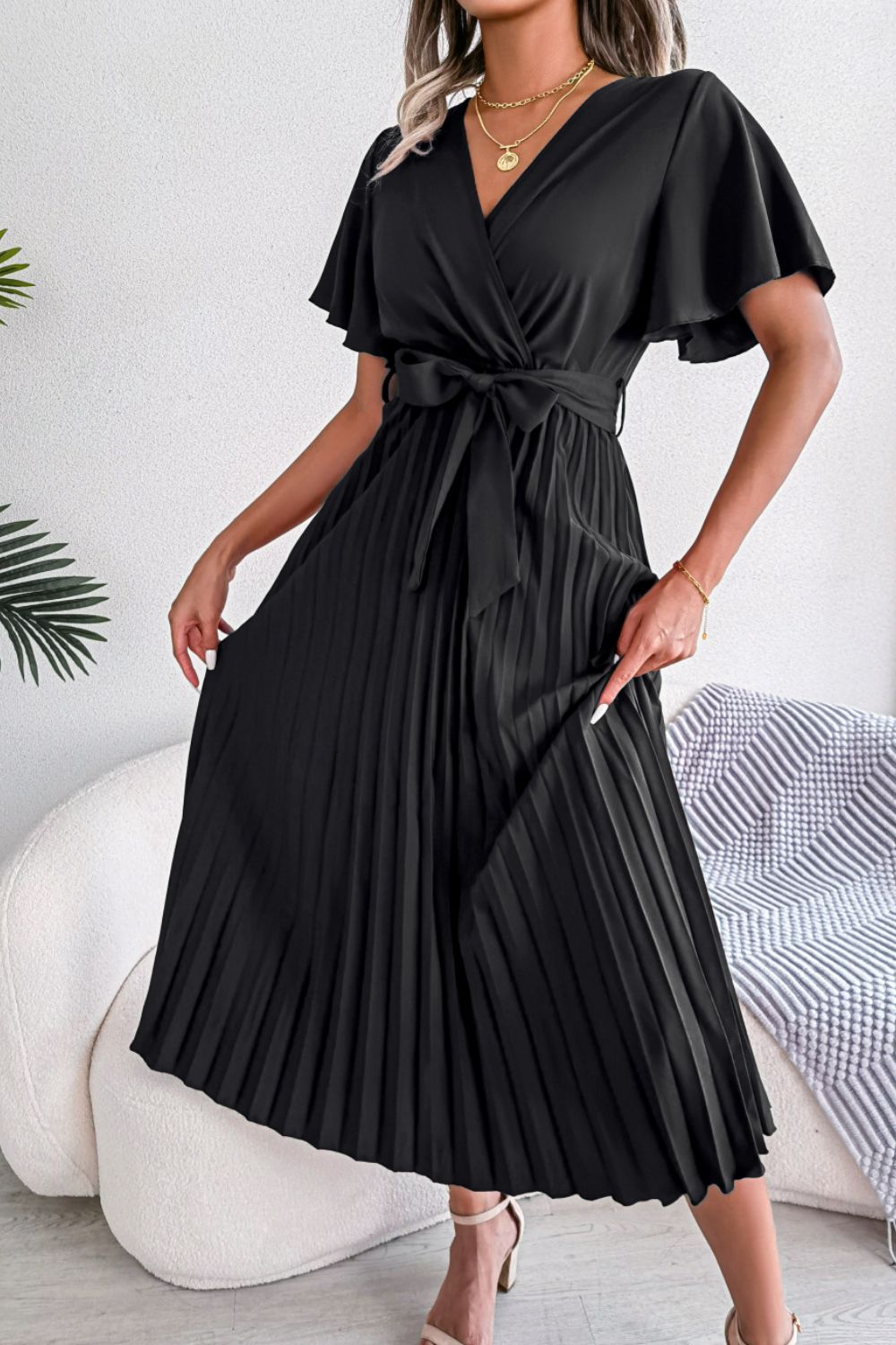 Pleated Flutter Sleeve Belted Dress - Blushé Belle