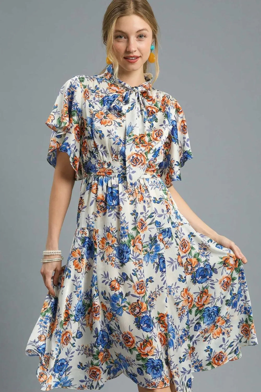 Umgee Floral Print Flutter Sleeve Dress - Blushé Belle
