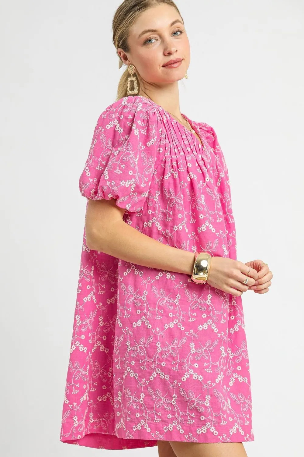 Umgee Floral Puff Sleeve V-Neck Mini Dress - Blushé Belle
