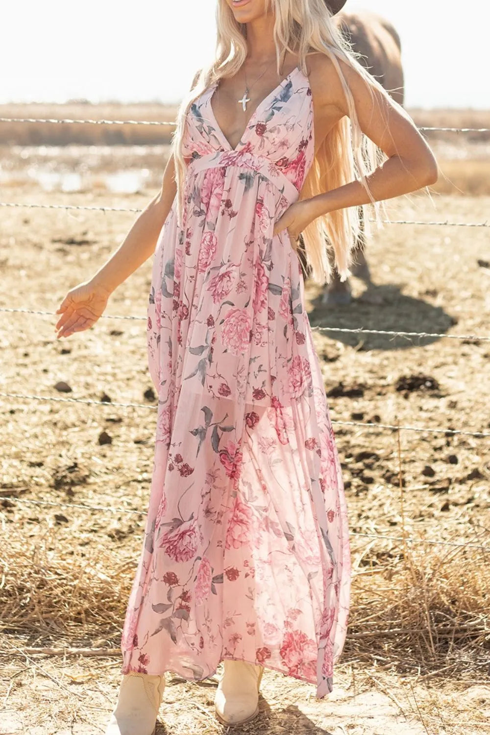 Floral Pleated Deep V Backless Maxi Dress - Blushé Belle