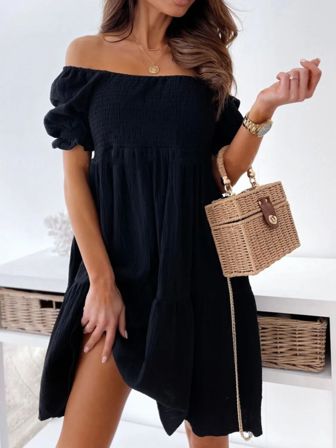 Smocked Off-Shoulder Mini Dress - Blushé Belle