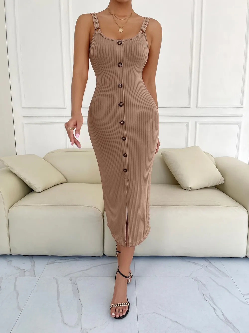 Ribbed Slit Decorative Button Cami Dress - Blushé Belle