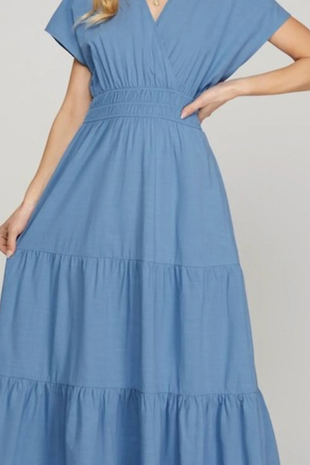 She + Sky Surplice Short Sleeve Tiered Maxi Dress With Pockets - Blushé Belle