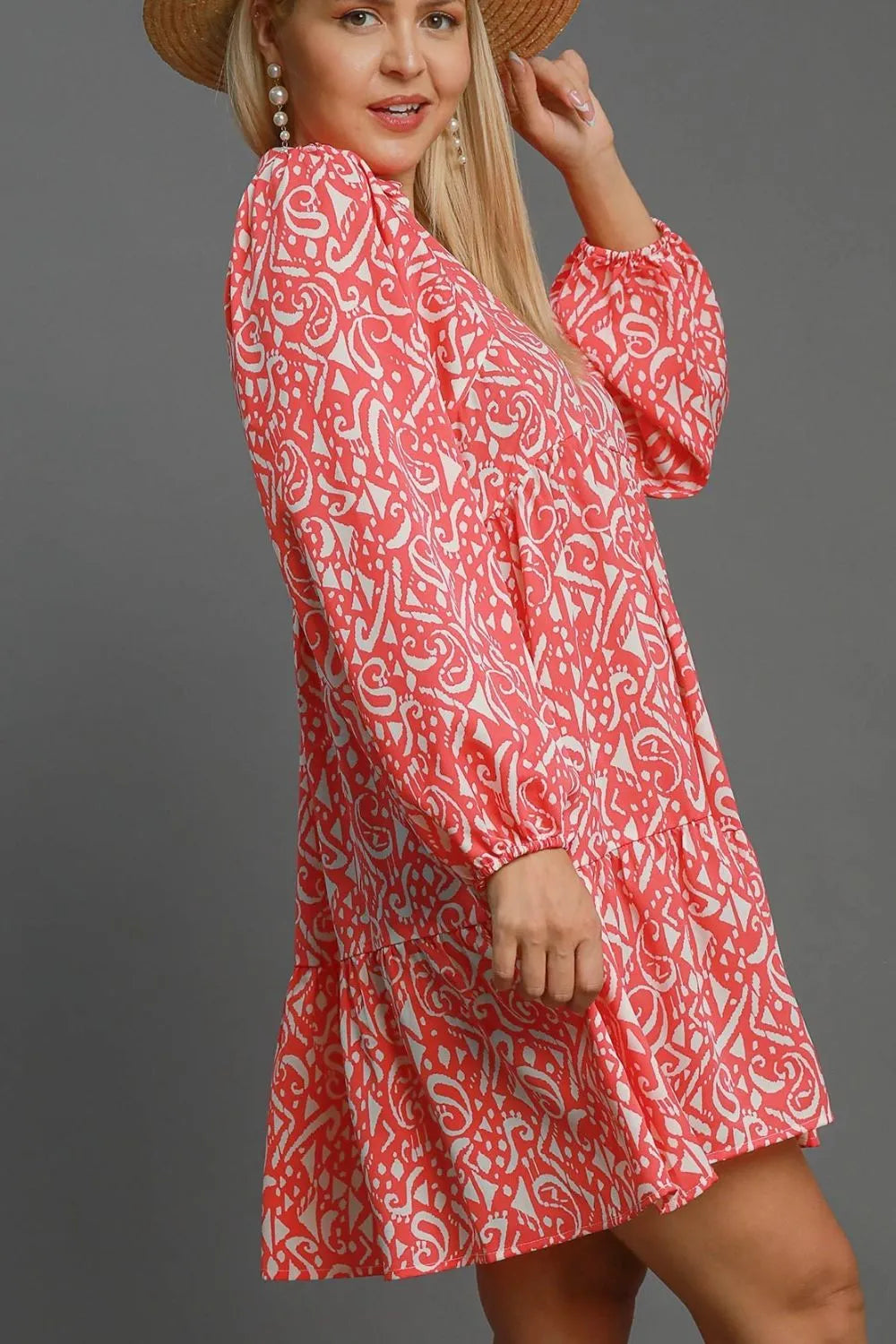 Umgee Full Size Two Tone Print Balloon Sleeve Tiered Dress Plus Size - Blushé Belle