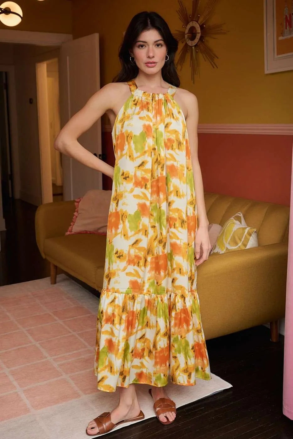 Mittoshop Watercolor Print Halter Neck Satin Maxi Dress - Blushé Belle