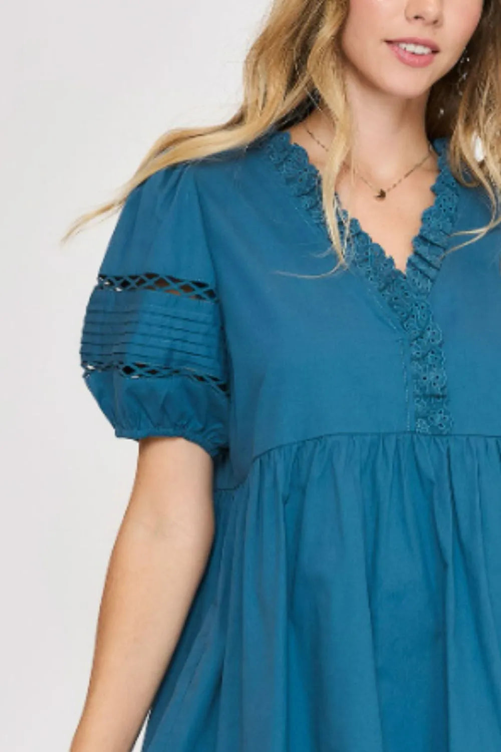 Umgee USA Full Size Lace Detail Puff Sleeve Mini Dress Plus Size - Blushé Belle