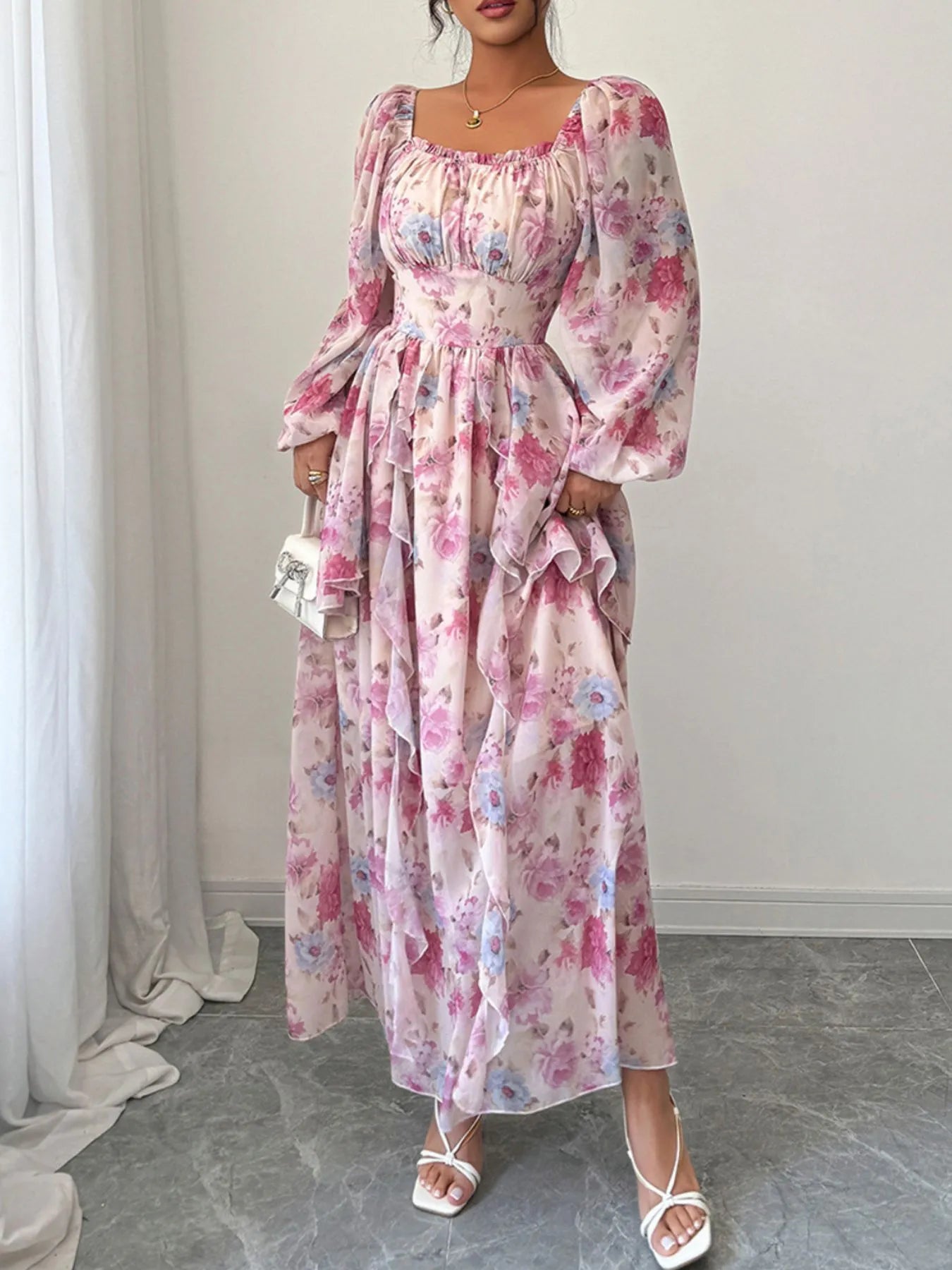 Ruffled Floral Print Balloon Sleeve Maxi Dress - Blushé Belle
