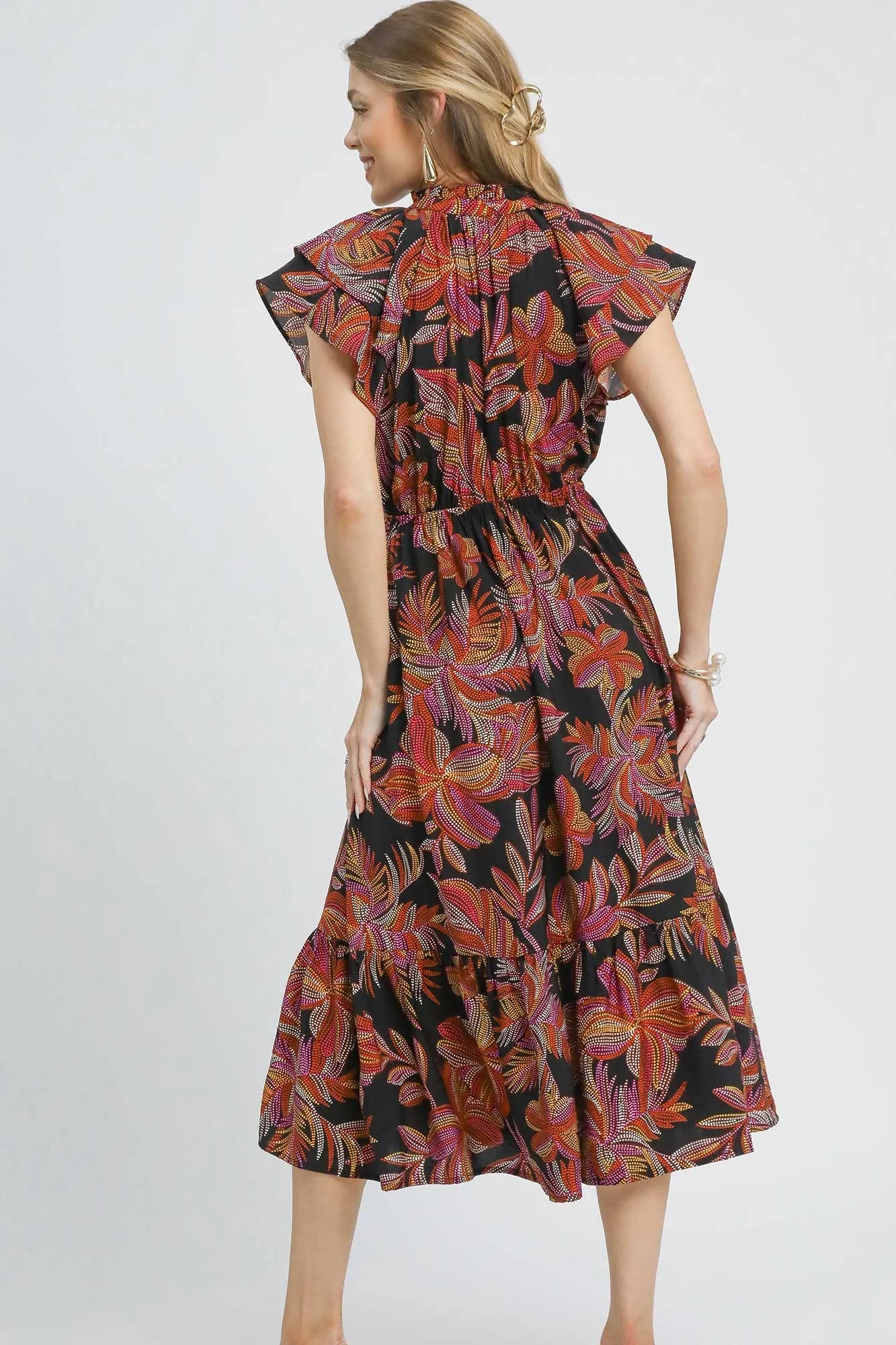 Umgee Mix Ruffle Sleeve Tropical Midi Dress - Blushé Belle