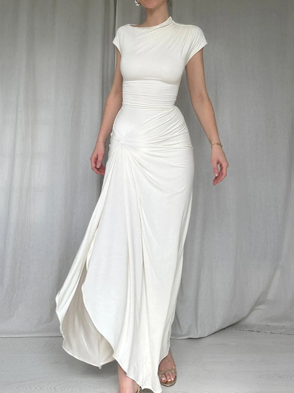Ruched Slit Cap Sleeve Maxi Dress - Blushé Belle