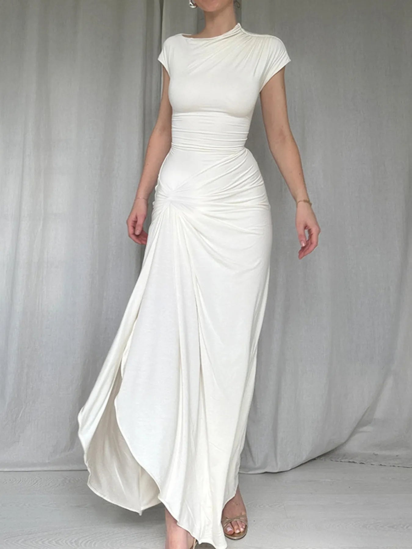 Ruched Slit Cap Sleeve Maxi Dress - Blushé Belle