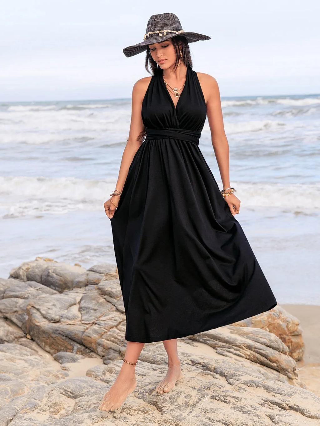 Surplice Sleeveless Ruched Midi Dress - Blushé Belle
