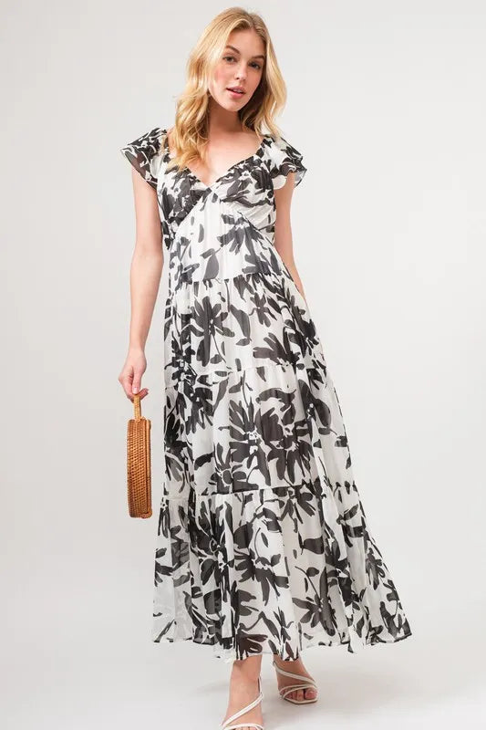 And The Why Ruffled Sleeve Tiered Floral Print Maxi Dress - Blushé Belle