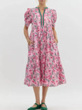 Floral Puff Sleeve Midi Dress with Contrast Trim - Blushé Belle