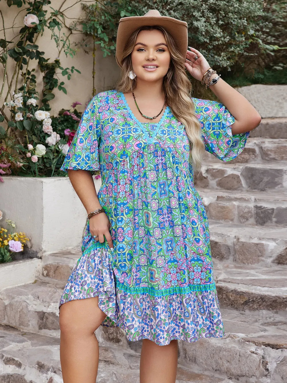 Plus Size Ruffled Hem Lace Detail Printed Half Sleeve Dress - Blushé Belle