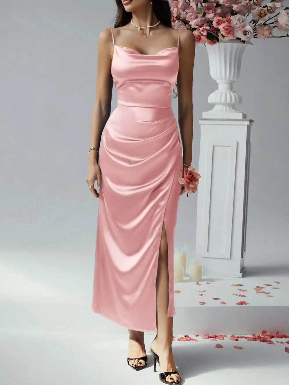 Devine Slit Ruched Maxi Cami Dress - Blushé Belle