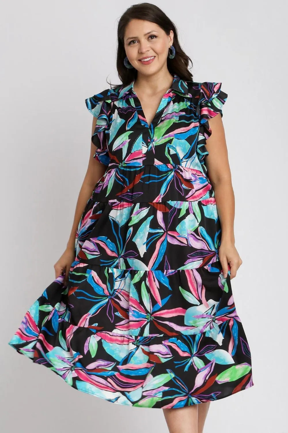 Umgee Full Size Leaf Print Double Layered Ruffle Sleeve Tiered Midi Dress Plus Size - Blushé Belle