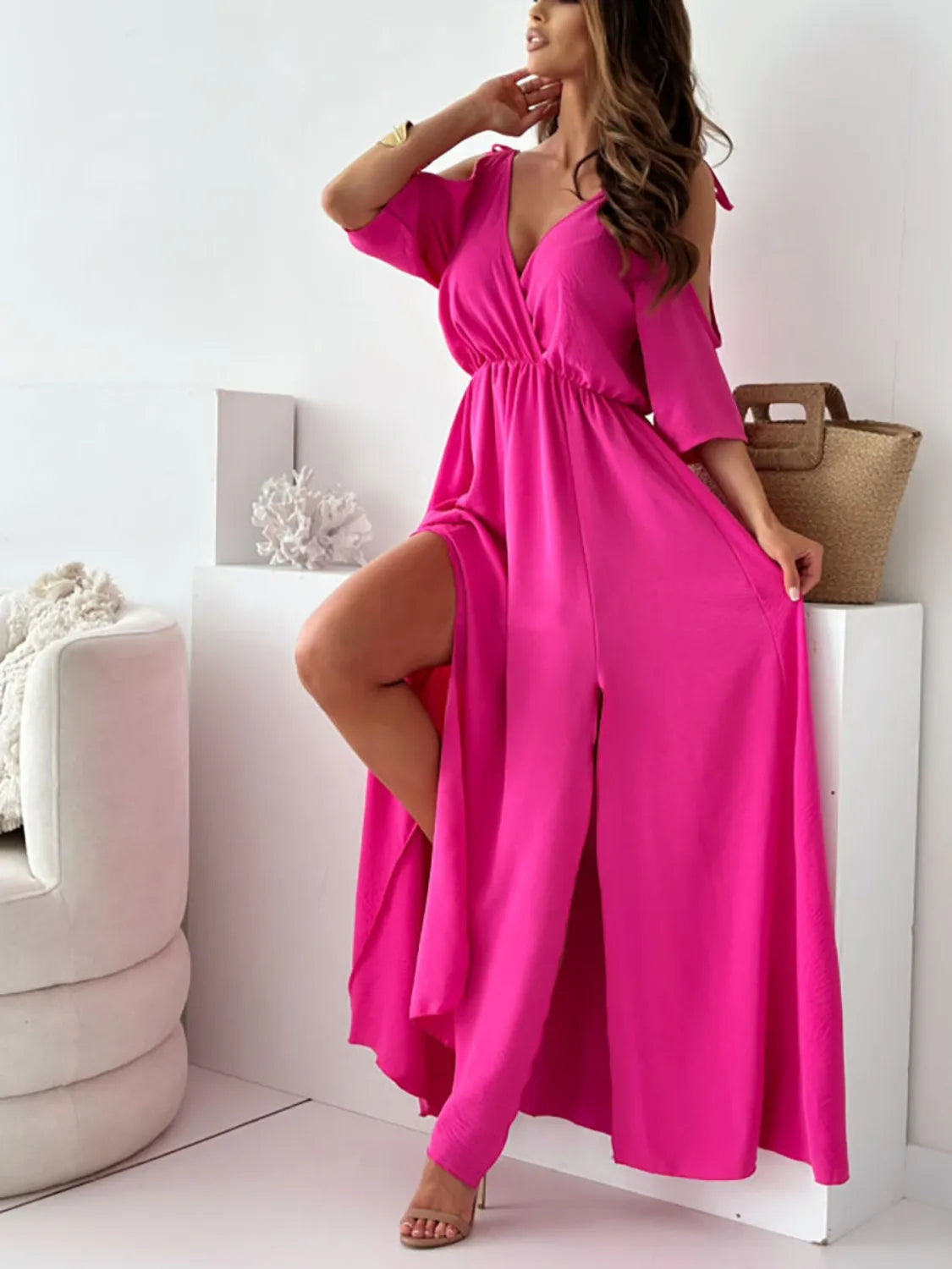 Tied Shoulder Slit Maxi Dress - Blushé Belle