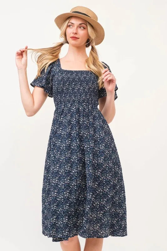 Lime 'N' Chili Smocked Floral Print Flutter Sleeve Midi Dress - Blushé Belle