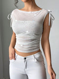 Glitter Stars Sheer Mesh Ruched Crop Top - Blushé Belle