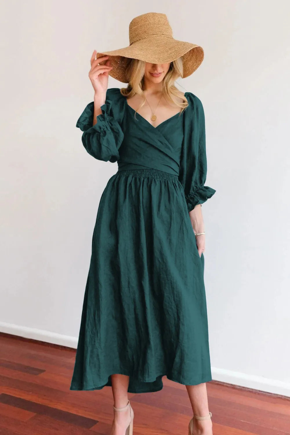 Smocked Tied Flounce Sleeve Midi Dress - Blushé Belle