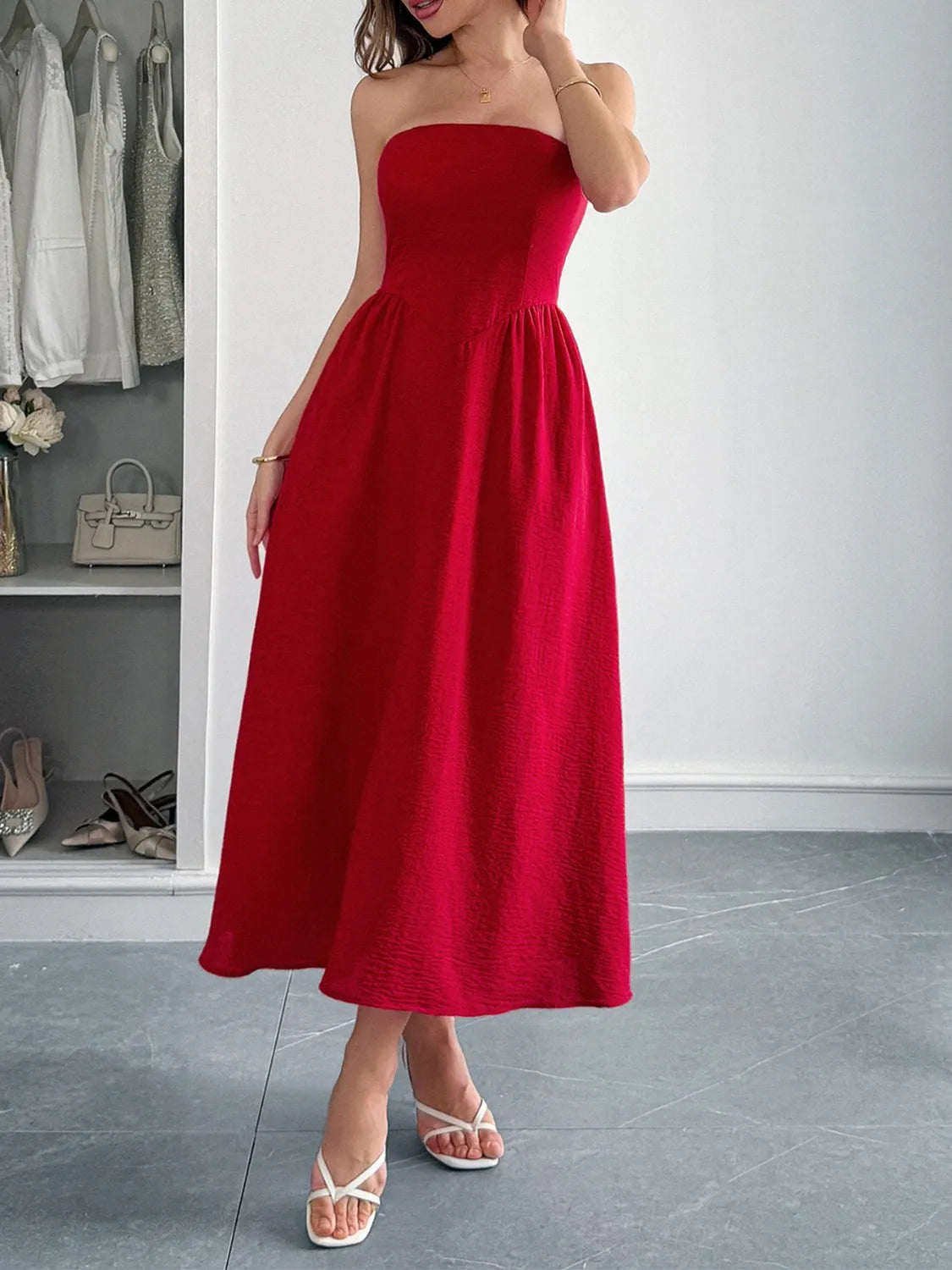 Strapless A-Line Midi Dress with Pockets - Blushé Belle