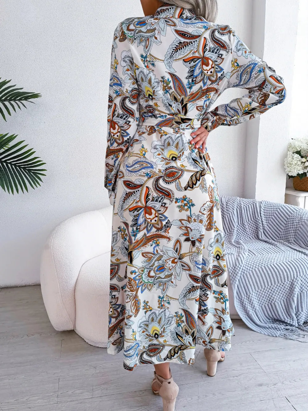 Tied Printed Long Sleeve Midi Dress - Blushé Belle